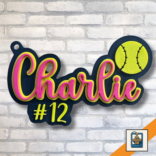 Custom softball name keychain in team colors, 3D printed