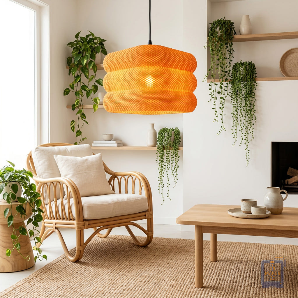 Woven plug-in pendant light hanging in a bright modern boho living room