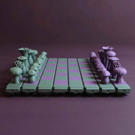 SPORE | 3D Printed Mushroom Chess Set, Magnetic Board Game, Pine Log Storage Box Gift