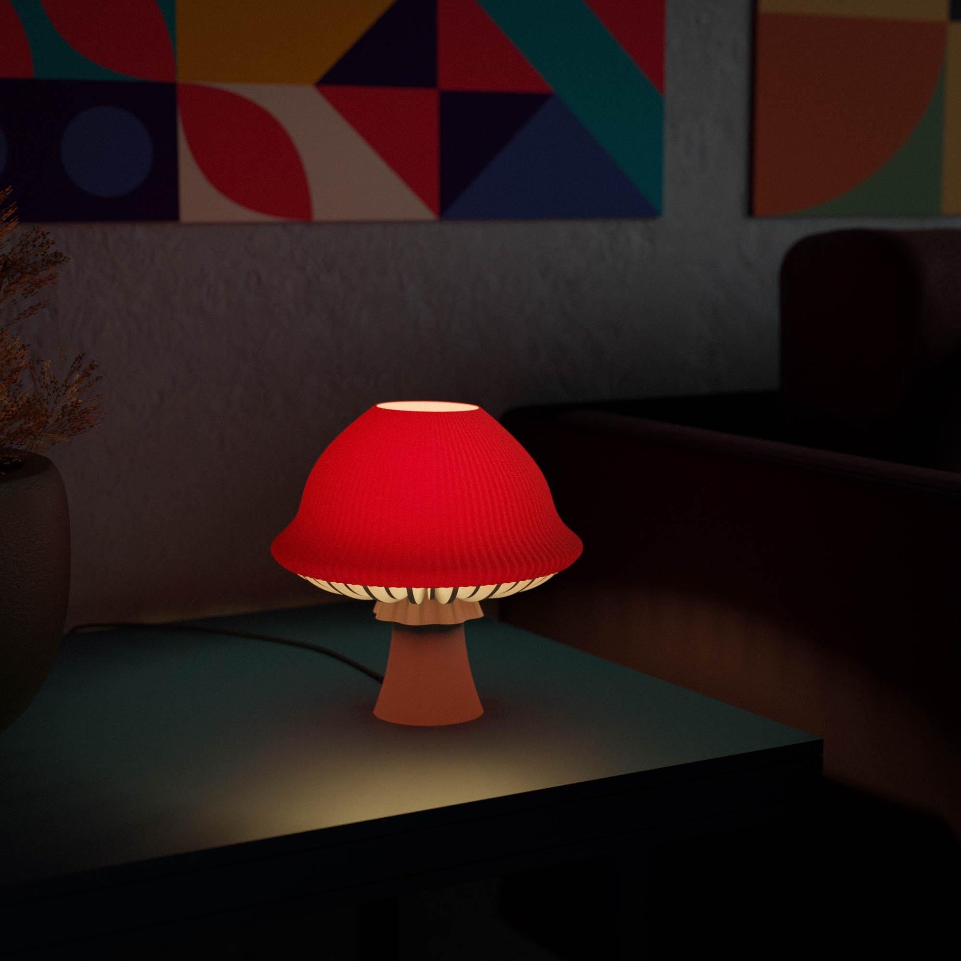 Cottagecore toadstool lamp glowing on a nightstand, 3D printed