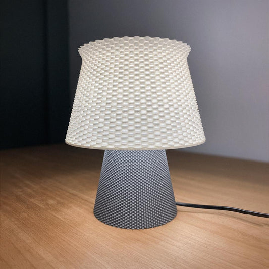 3D printed mushroom table lamp with RippleMesh shade, retro boho