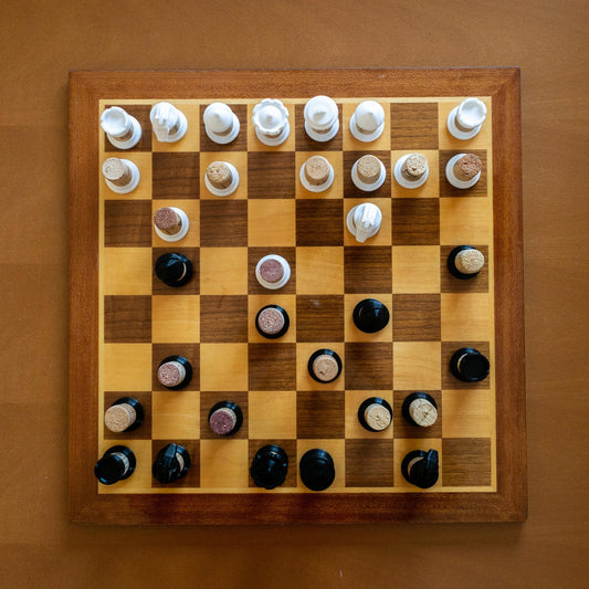 3D printed wine cork chess pieces, unique chess set