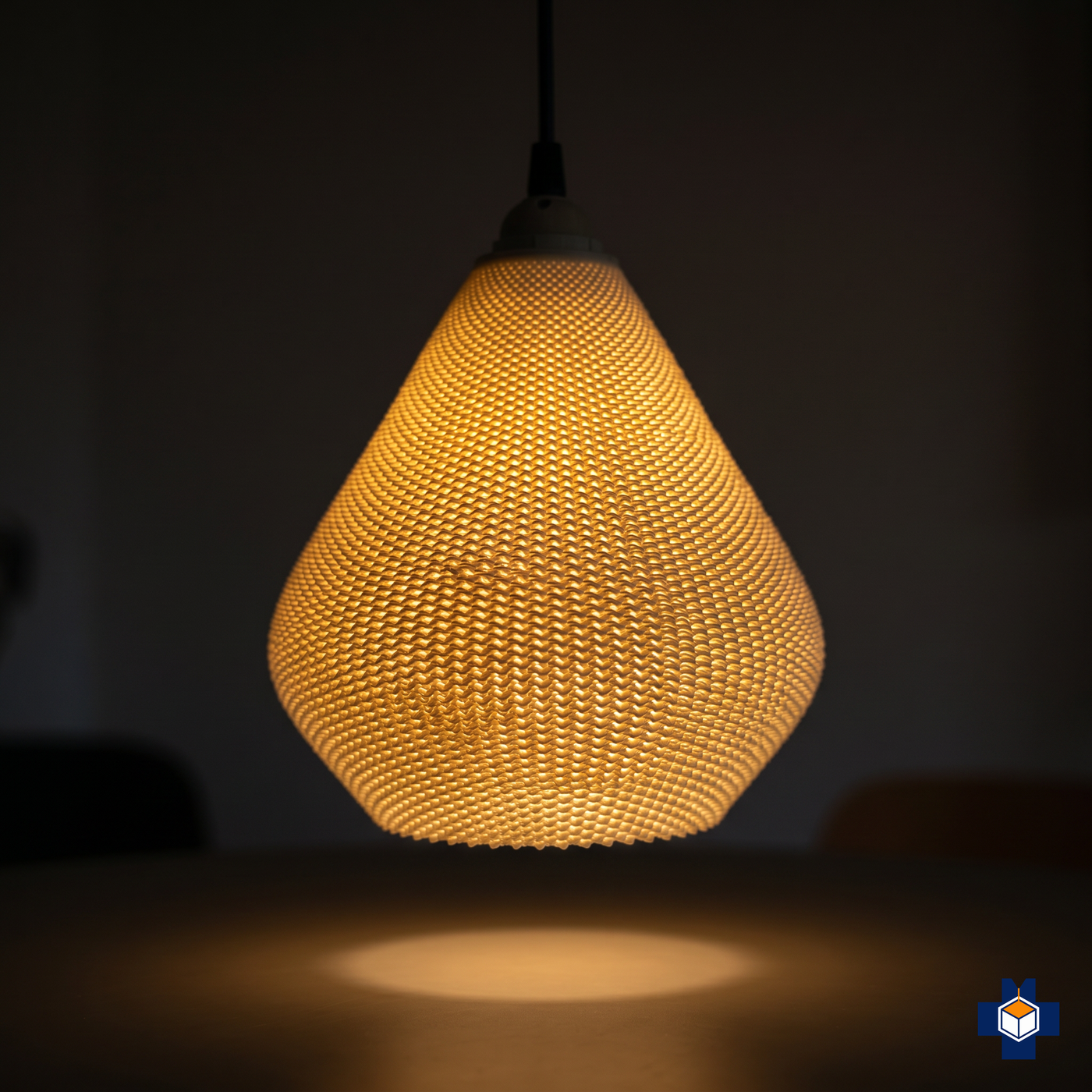 AERO teardrop pendant glowing warmly at night