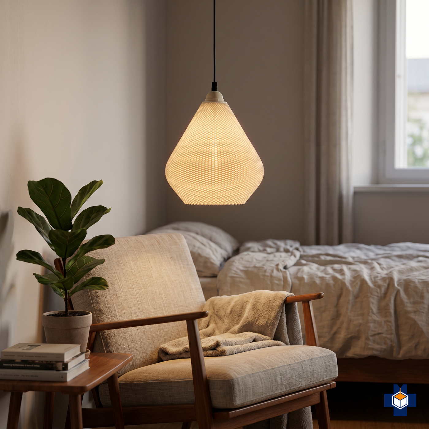 AERO teardrop pendant light in a cozy bedroom reading nook