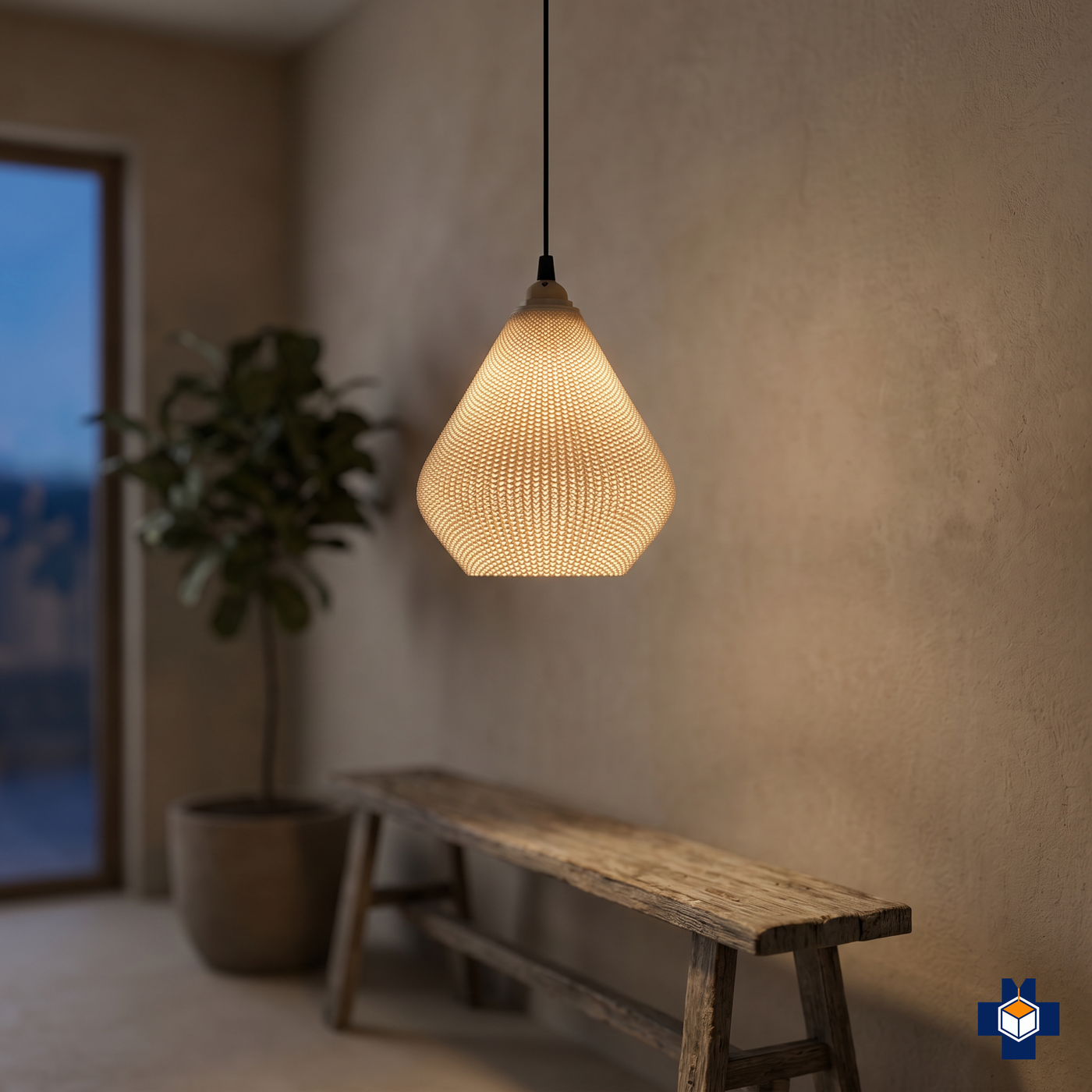 AERO teardrop pendant light glowing in an entryway