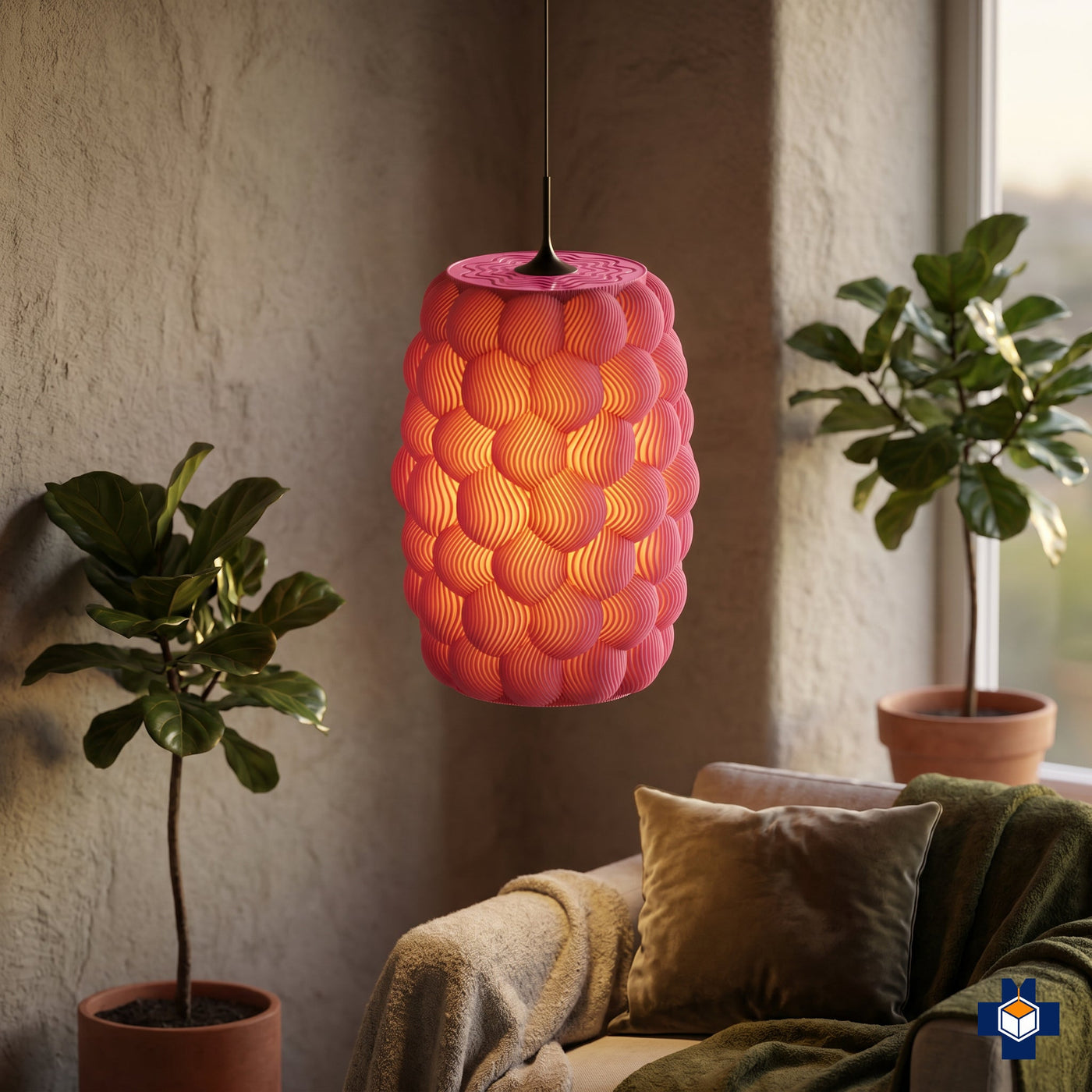 BUNCH pod cluster pendant light glowing in a cozy corner