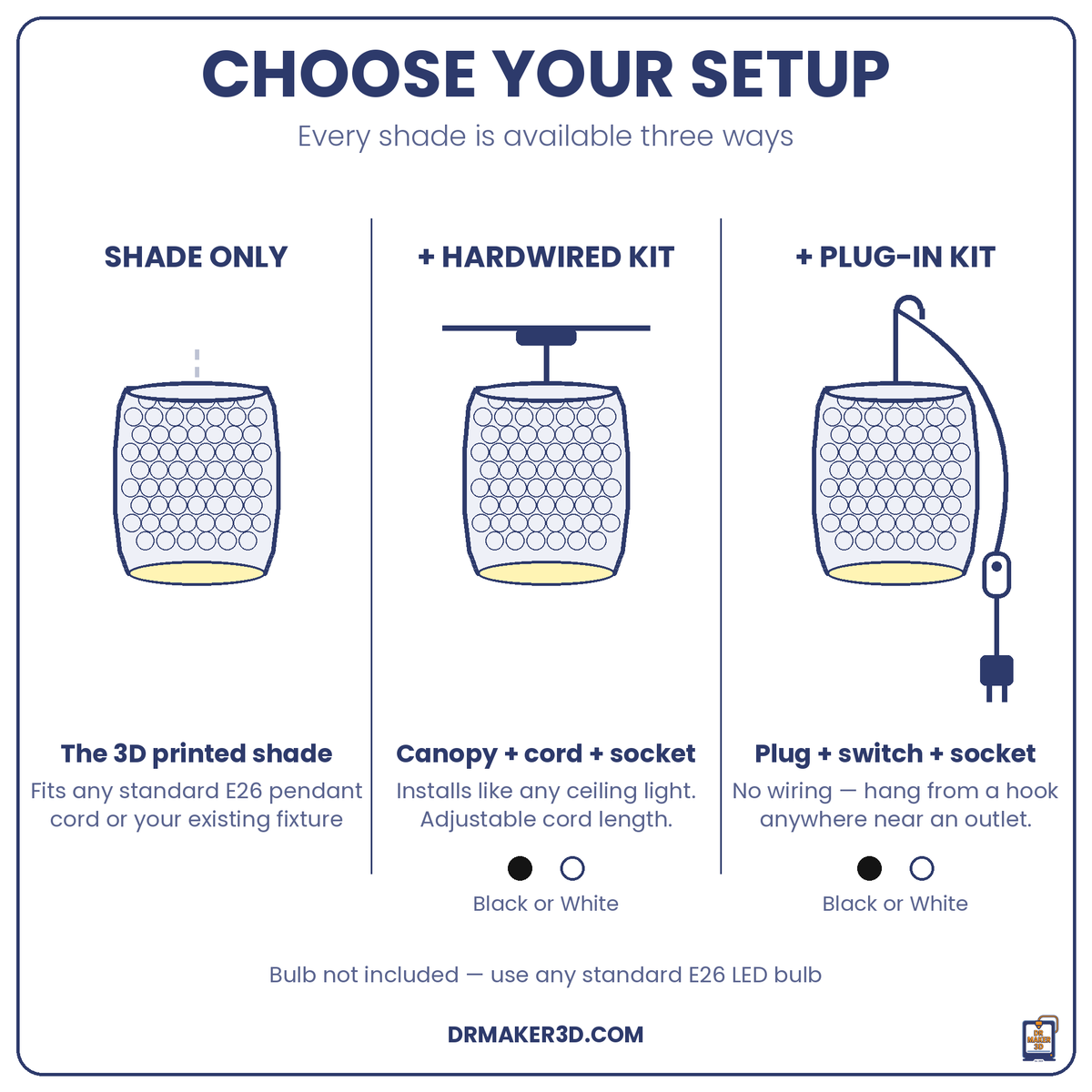 BUNCH setup options: shade only, hardwired, plug-in