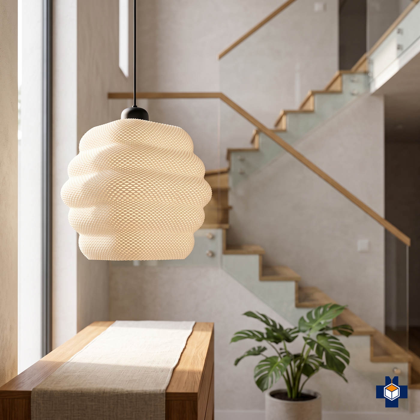 CLARISA pendant in a modern entryway beside a staircase