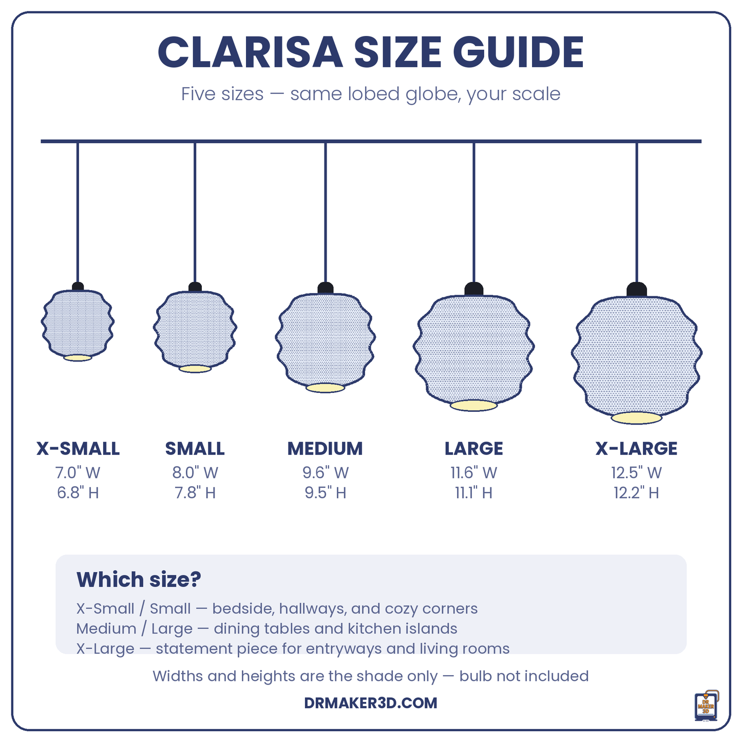 CLARISA pendant size guide — five sizes from 7 to 12.5 inches wide