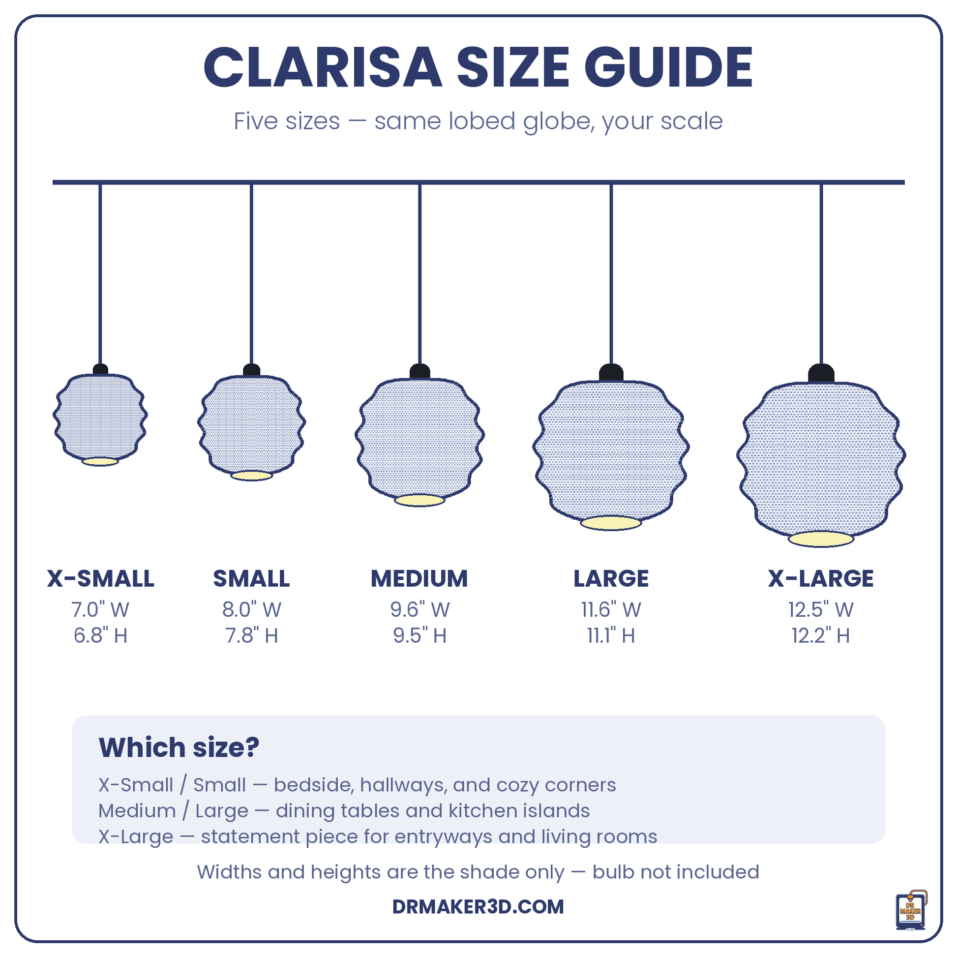 CLARISA pendant size guide — five sizes from 7 to 12.5 inches wide