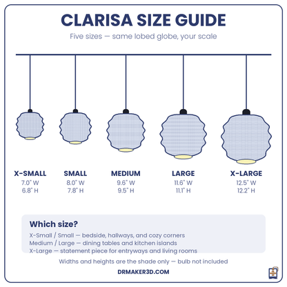 CLARISA pendant size guide — five sizes from 7 to 12.5 inches wide