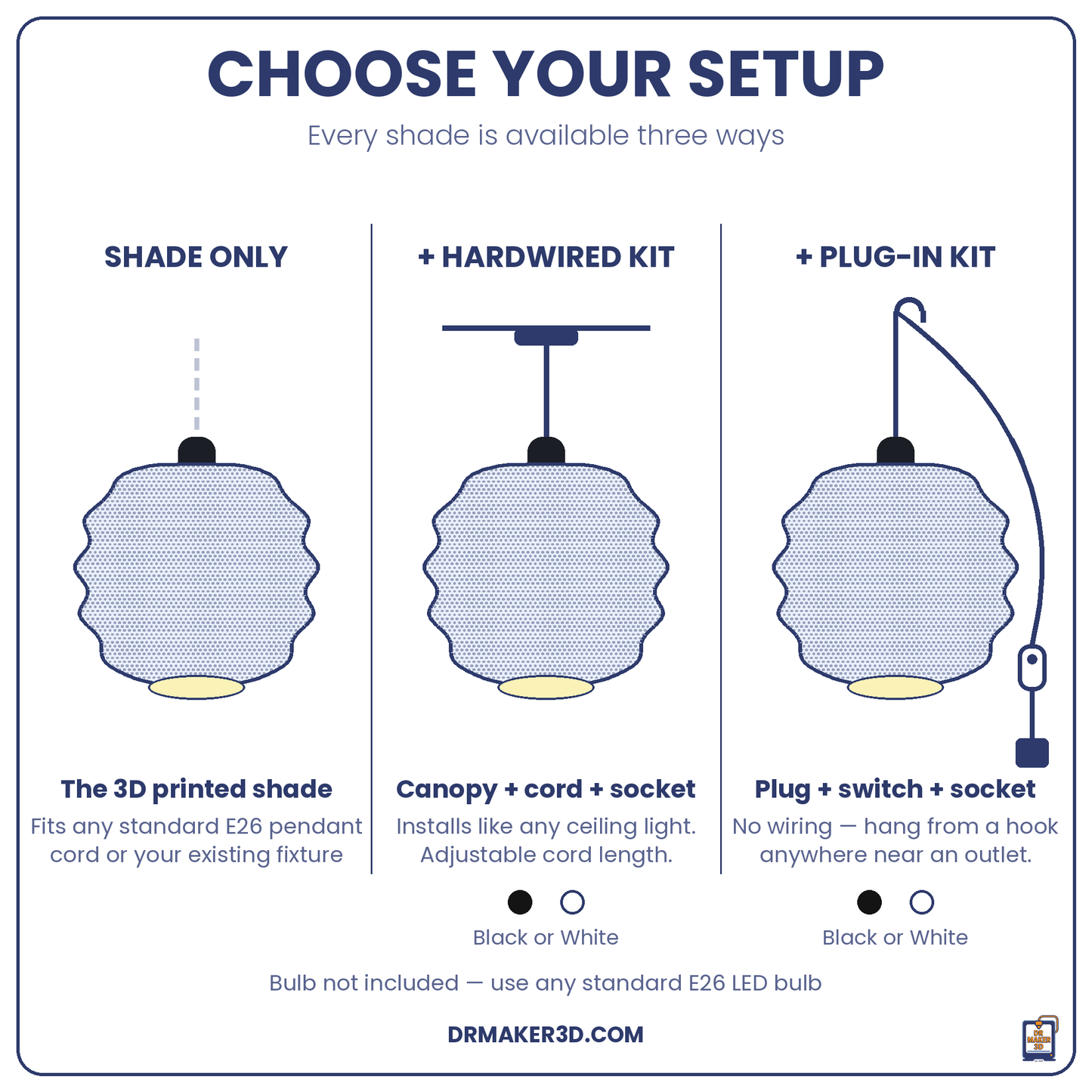CLARISA pendant setup options — shade only, hardwired, or plug-in