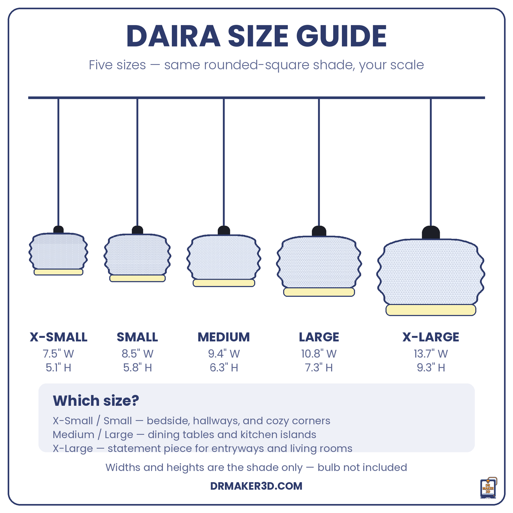 DAIRA pendant size guide — five sizes from 7.5 to 13.7 inches wide