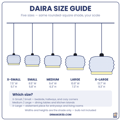 DAIRA pendant size guide — five sizes from 7.5 to 13.7 inches wide