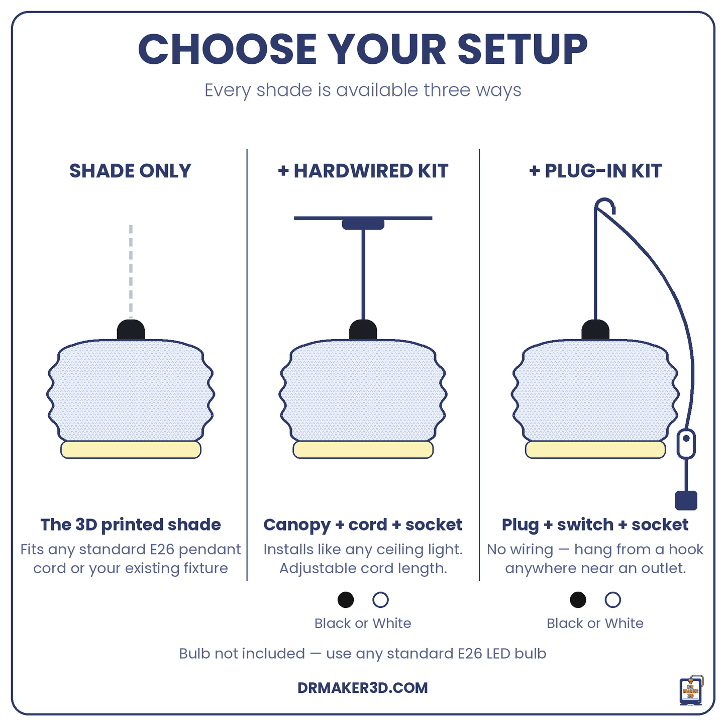 DAIRA pendant setup options — shade only, hardwired, or plug-in