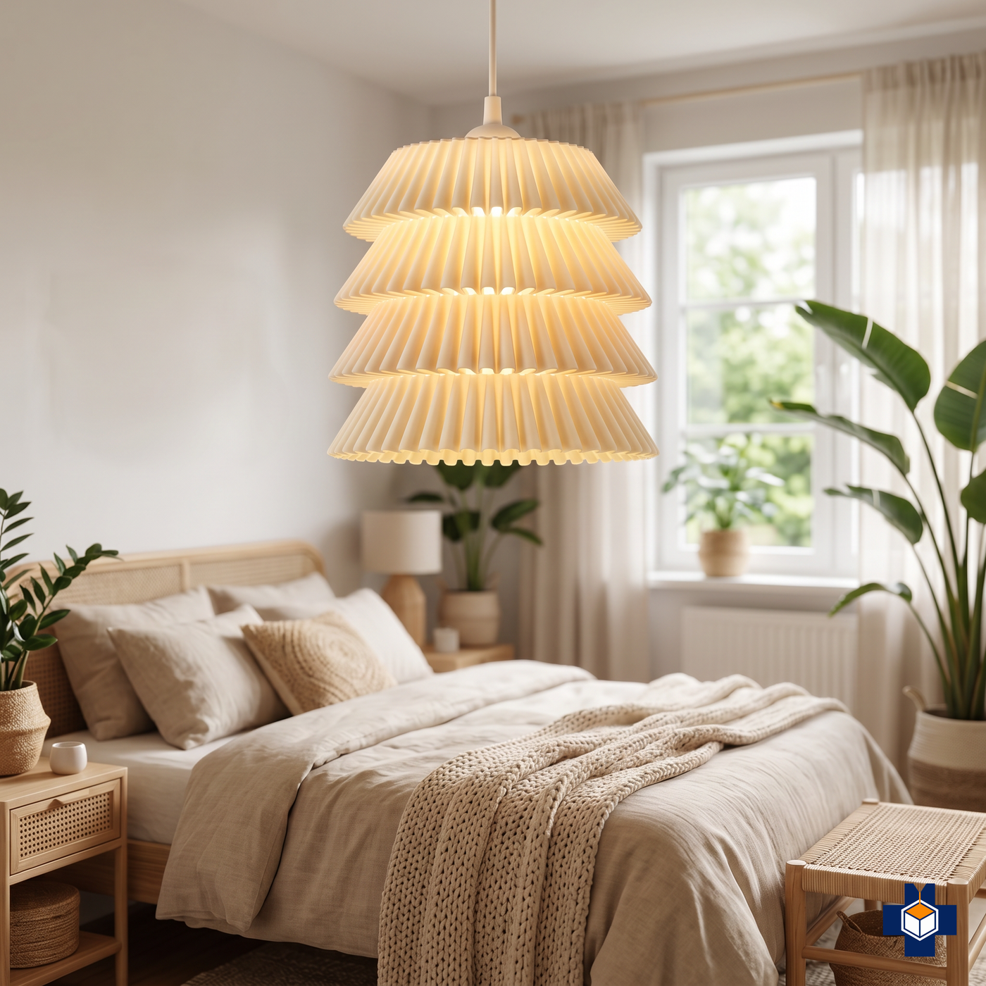 FALDA tiered-ruffle pendant light in a romantic bedroom
