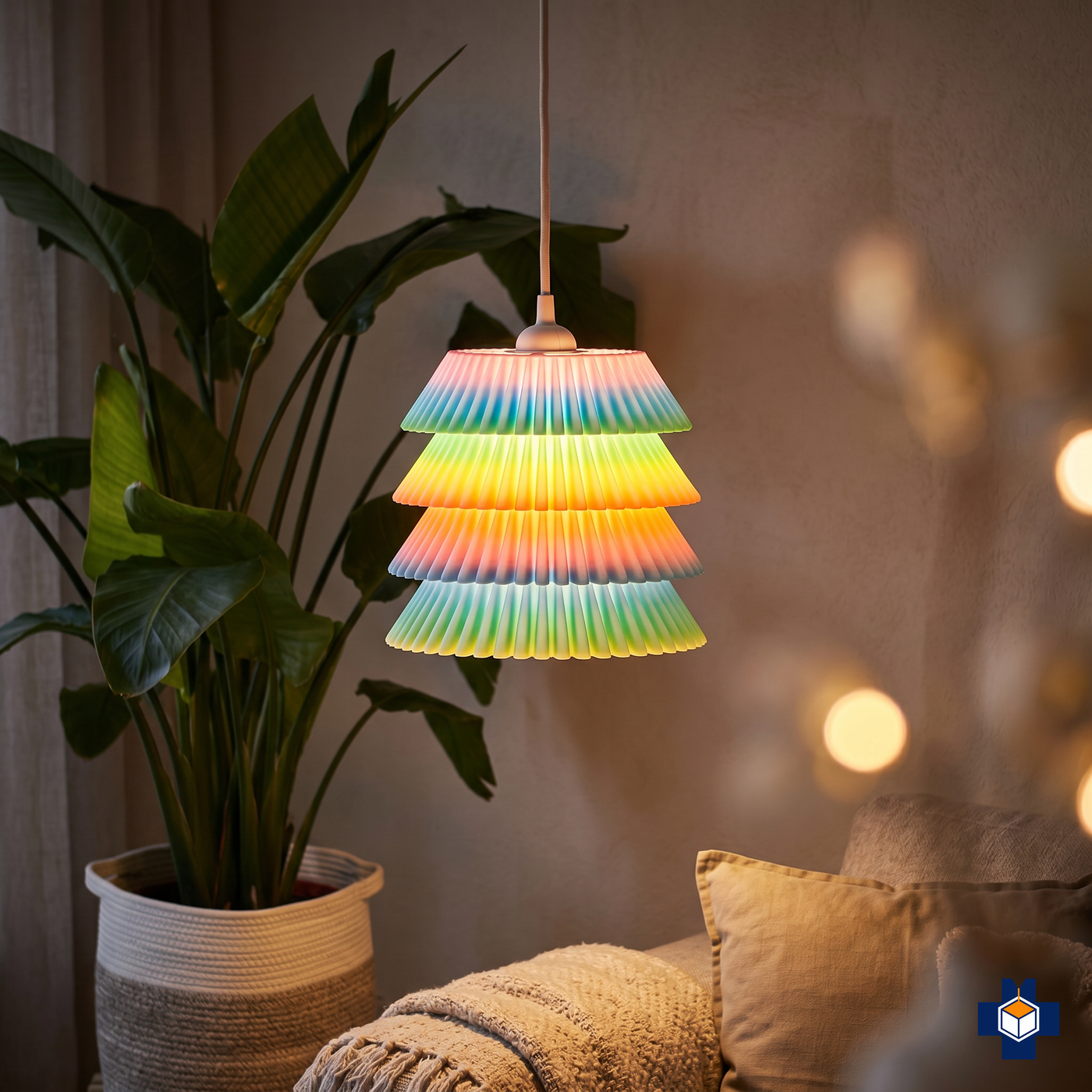 FALDA tiered-ruffle pendant light glowing in a cozy corner