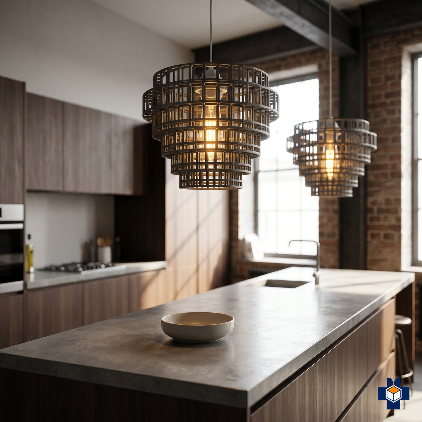 FOUNDRY grid-cage pendant light over a kitchen island
