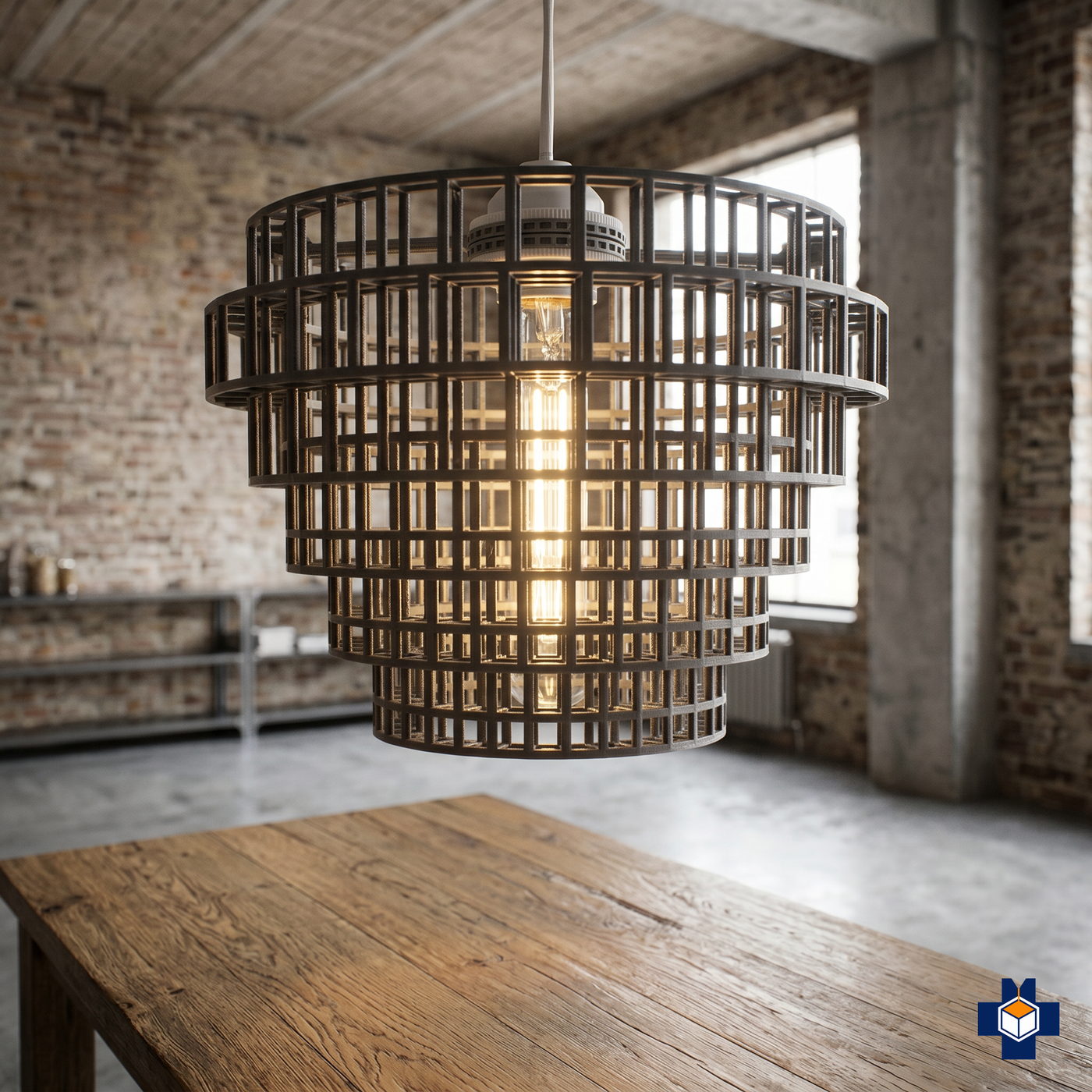 FOUNDRY grid-cage pendant light in an industrial loft dining space