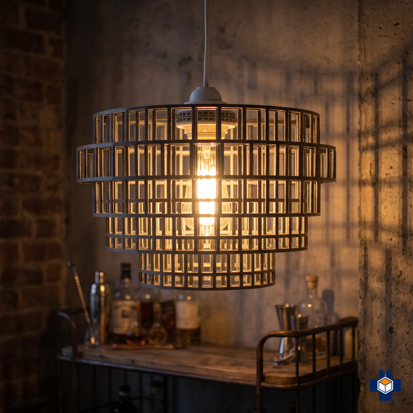 FOUNDRY grid-cage pendant light glowing in a moody corner