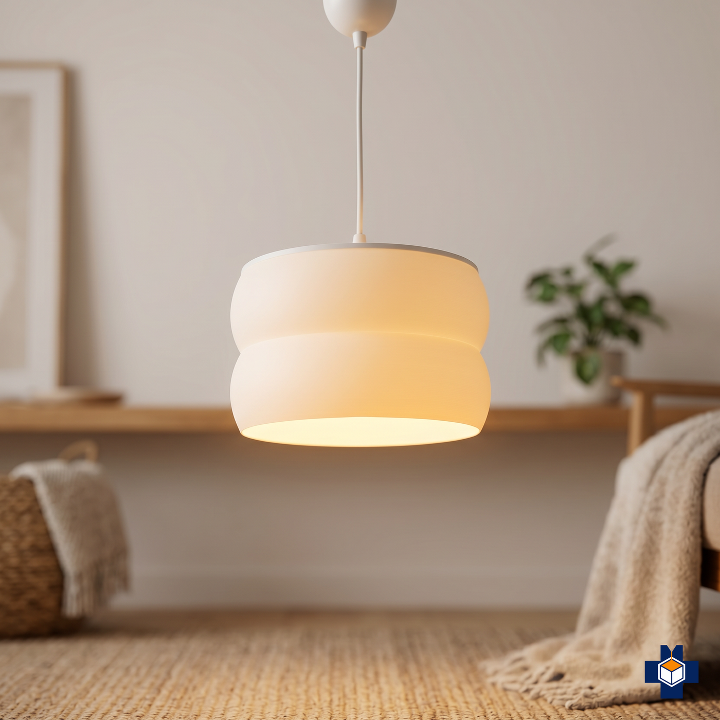 GYROID rounded pendant light in a room, lit