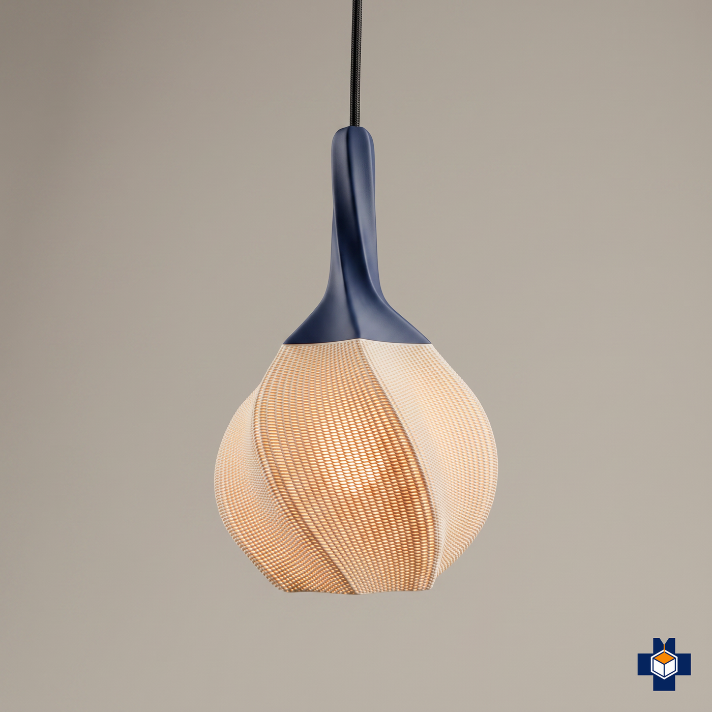 HELIX 3D printed spiral pendant light, ivory woven shade with a smooth navy neck on a black cord