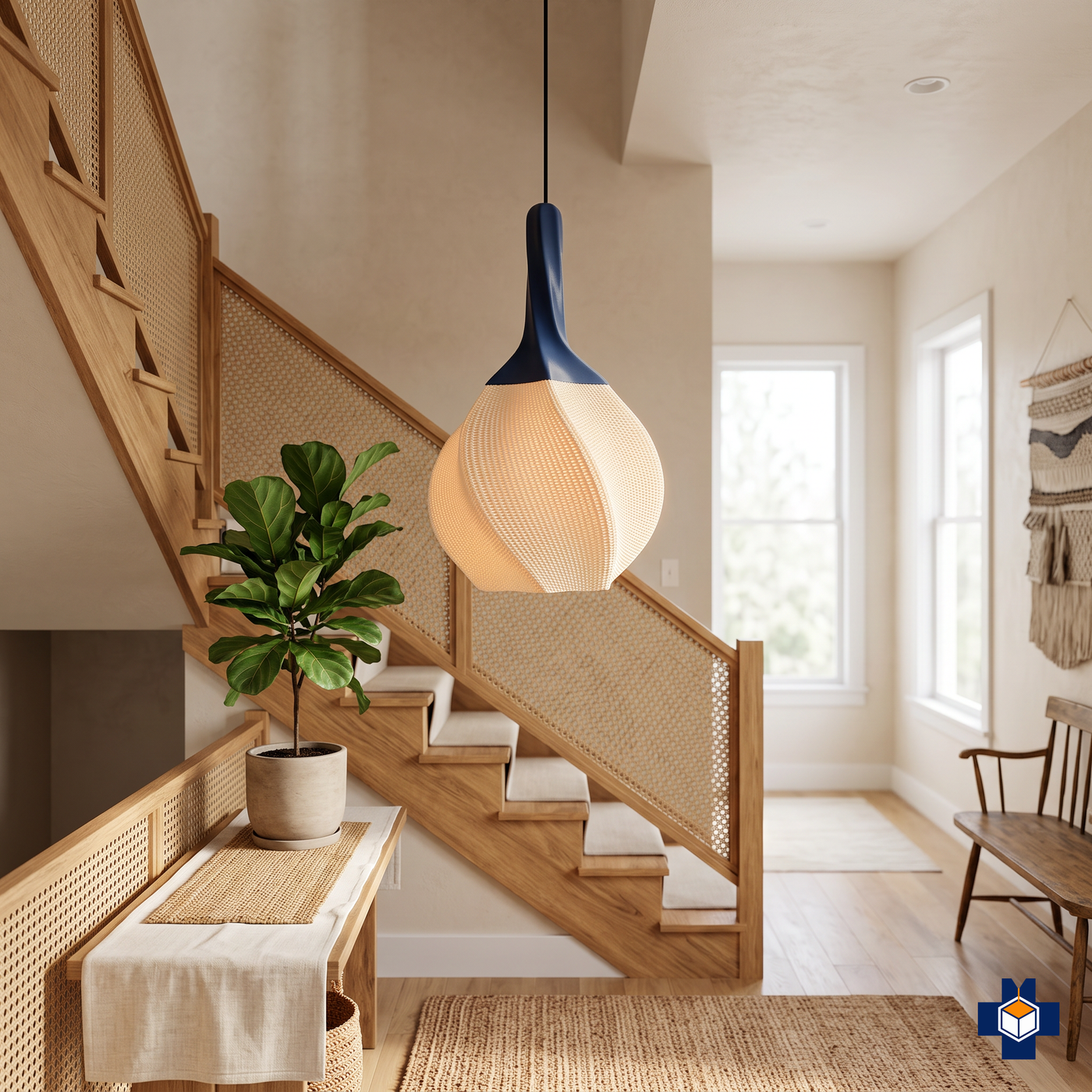 HELIX spiral pendant light hanging in a boho entryway or stairwell