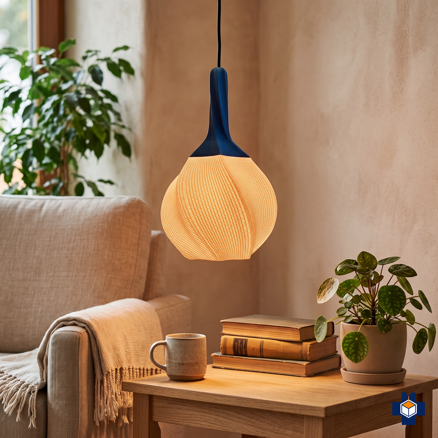 HELIX pendant light over a cozy bedside reading corner