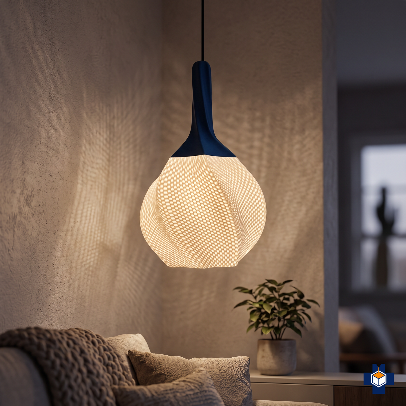 HELIX pendant glowing at dusk, ambient boho mood