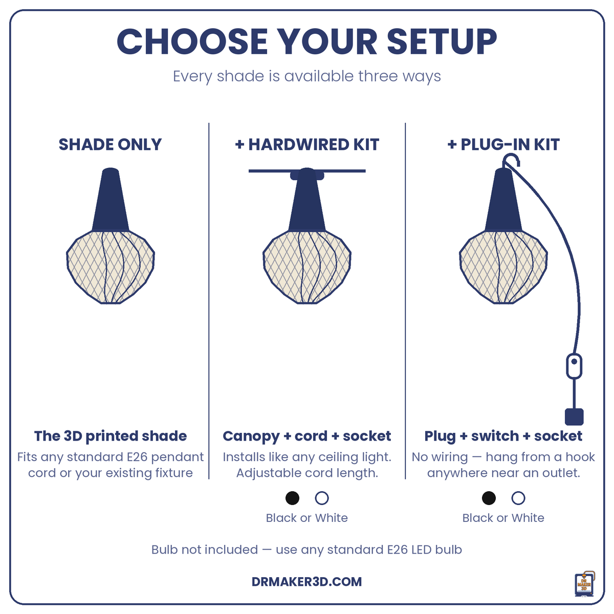 HELIX setup options — shade only, hardwired kit, or plug-in kit