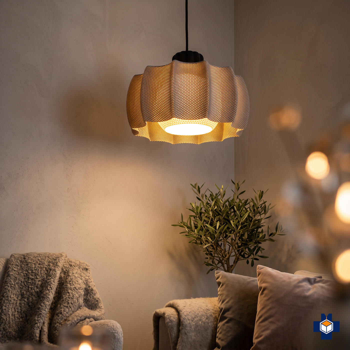 KARA pendant light glowing in a cozy corner