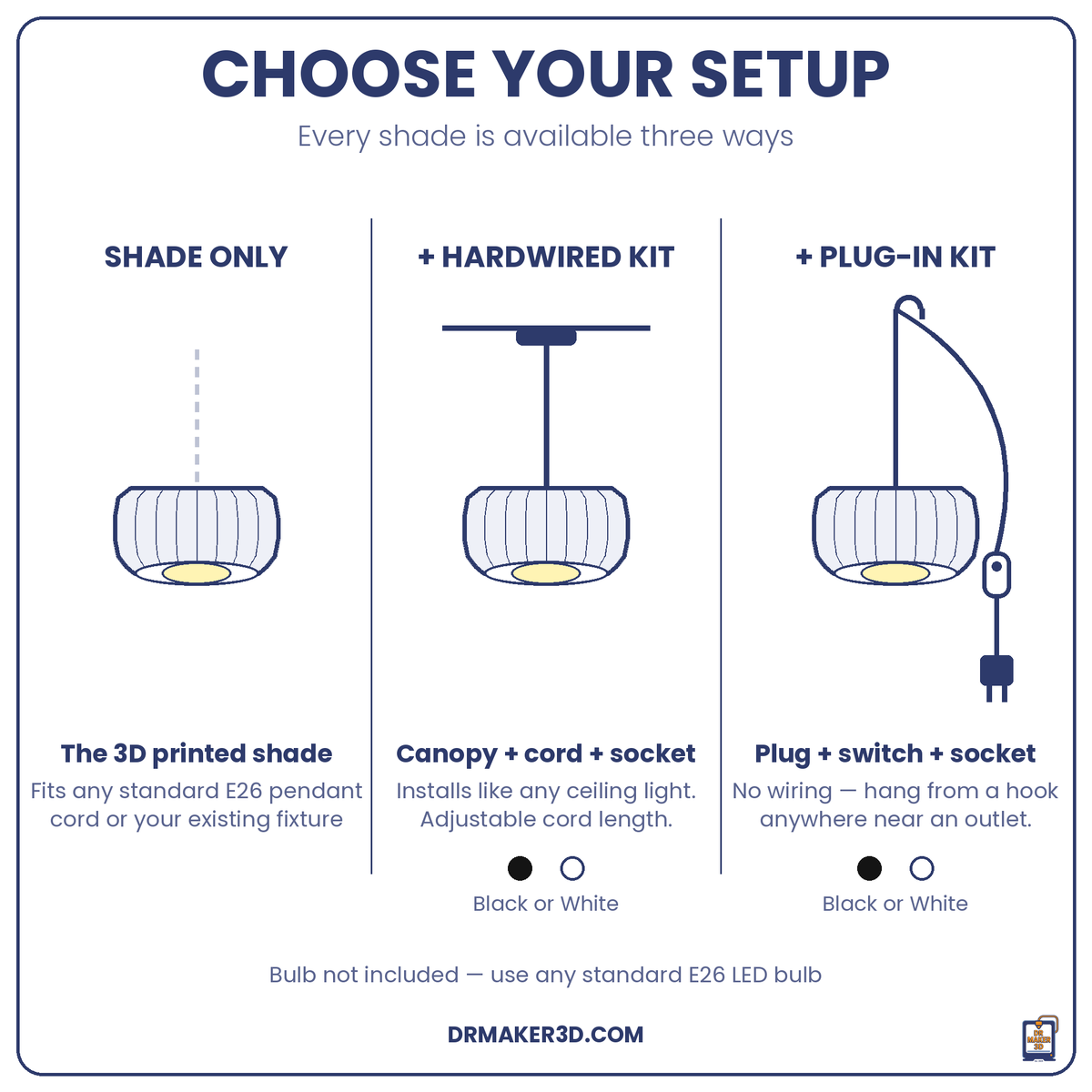 KARA setup options: shade only, hardwired, plug-in