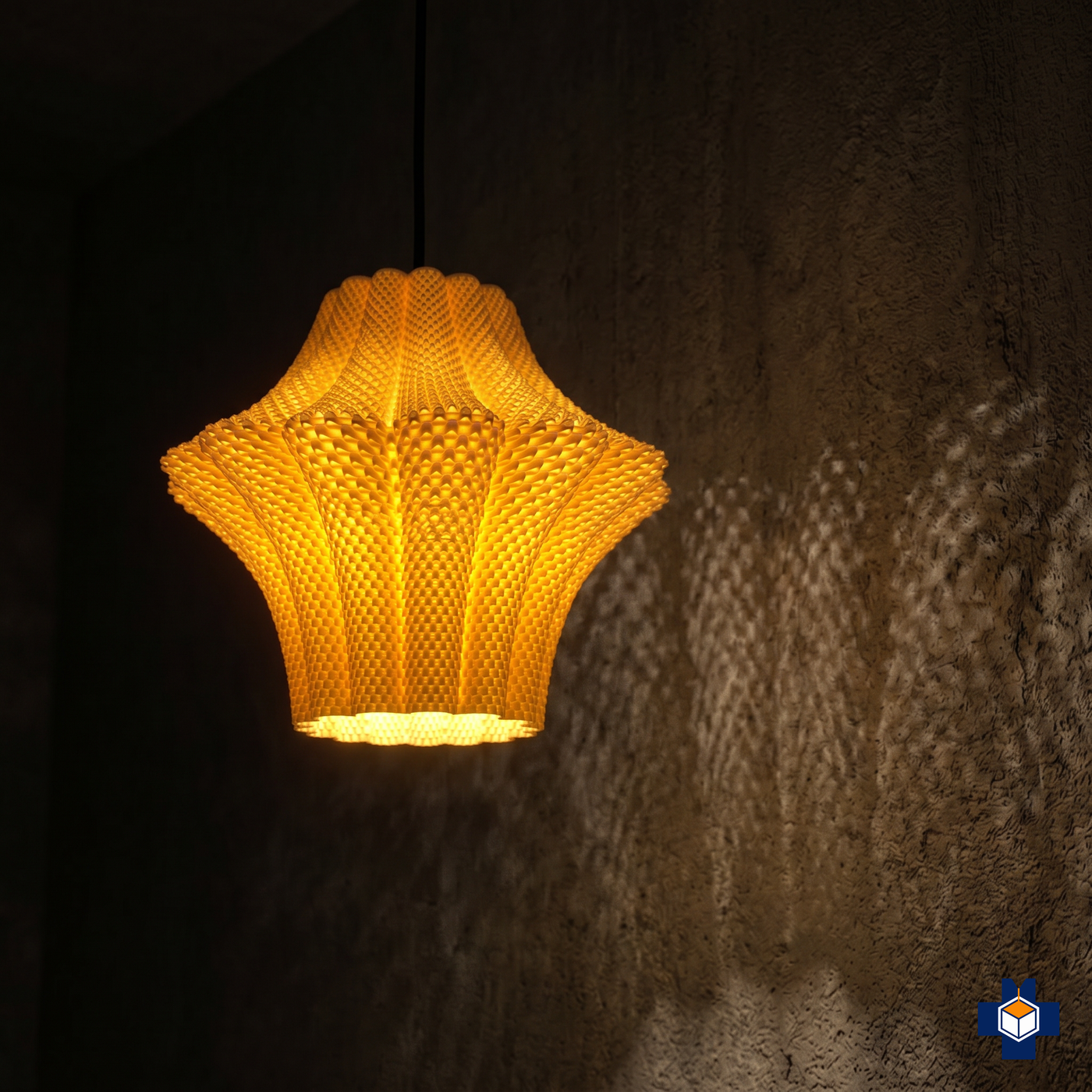 LARISA fluted scalloped pendant glowing with dappled light at night
