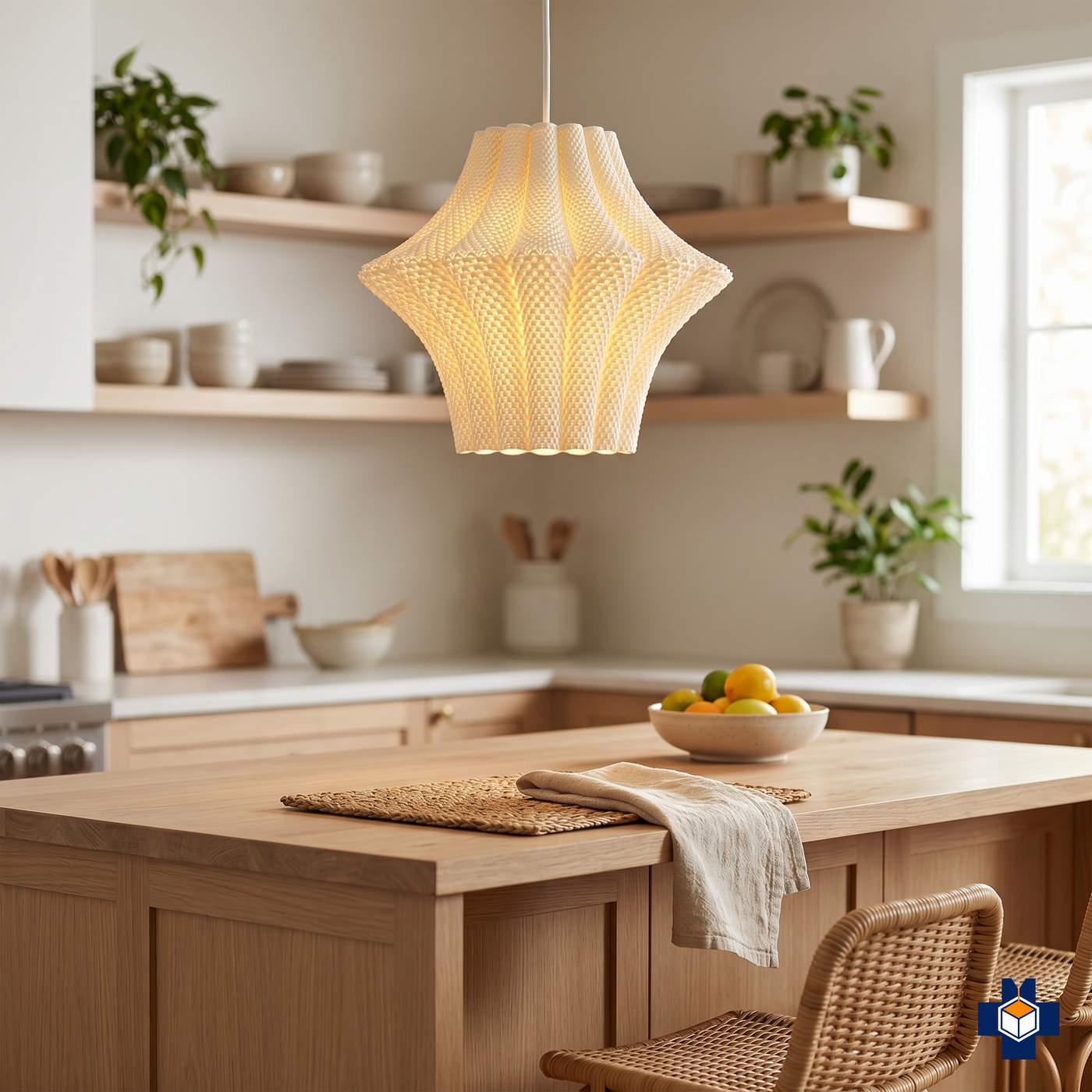 LARISA fluted scalloped pendant light over a kitchen island