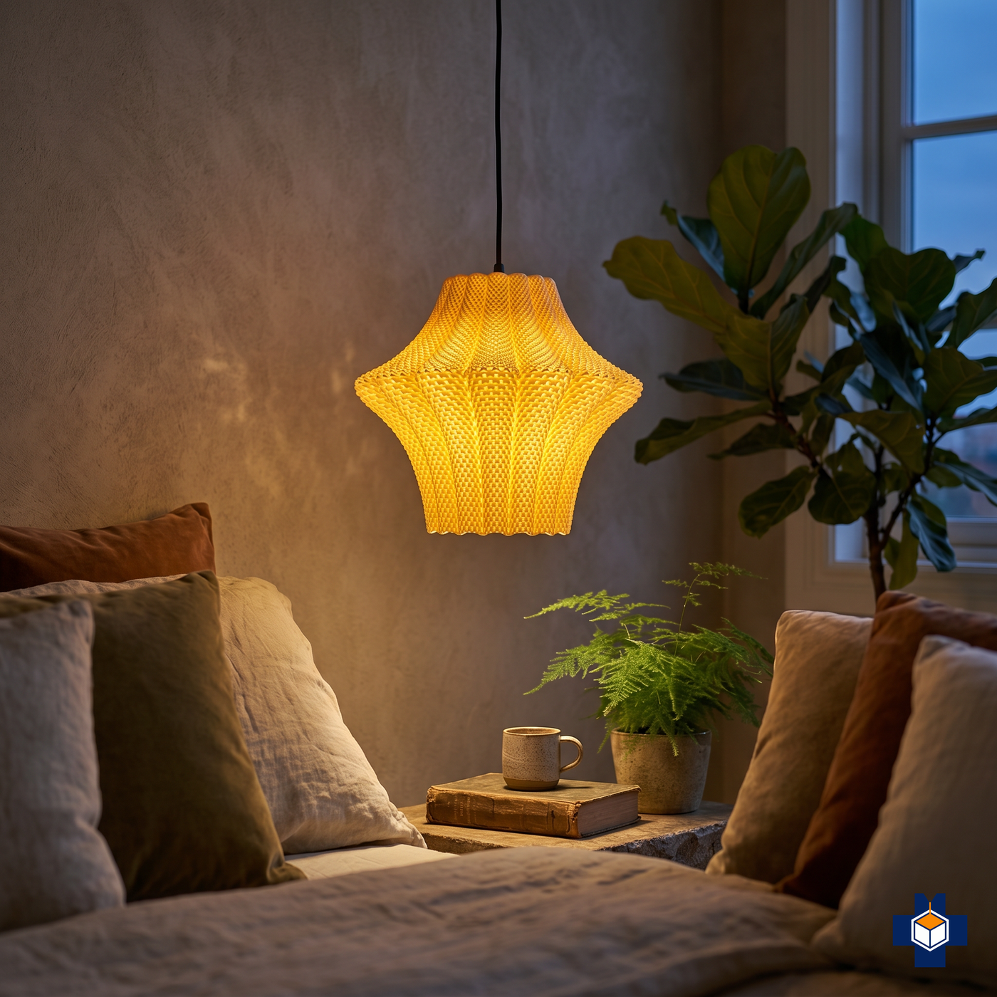 LARISA fluted scalloped pendant light glowing bedside at dusk