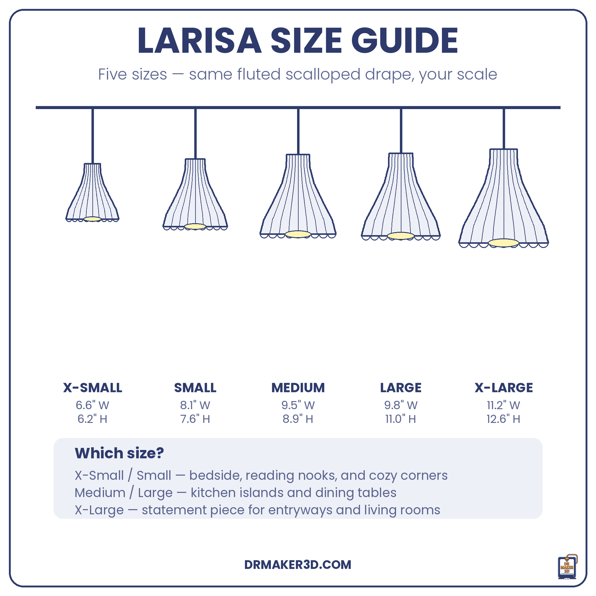 LARISA size guide, five sizes