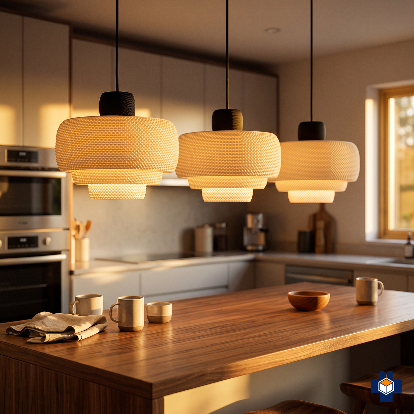 Three LUCIANA pendants hanging over a kitchen island