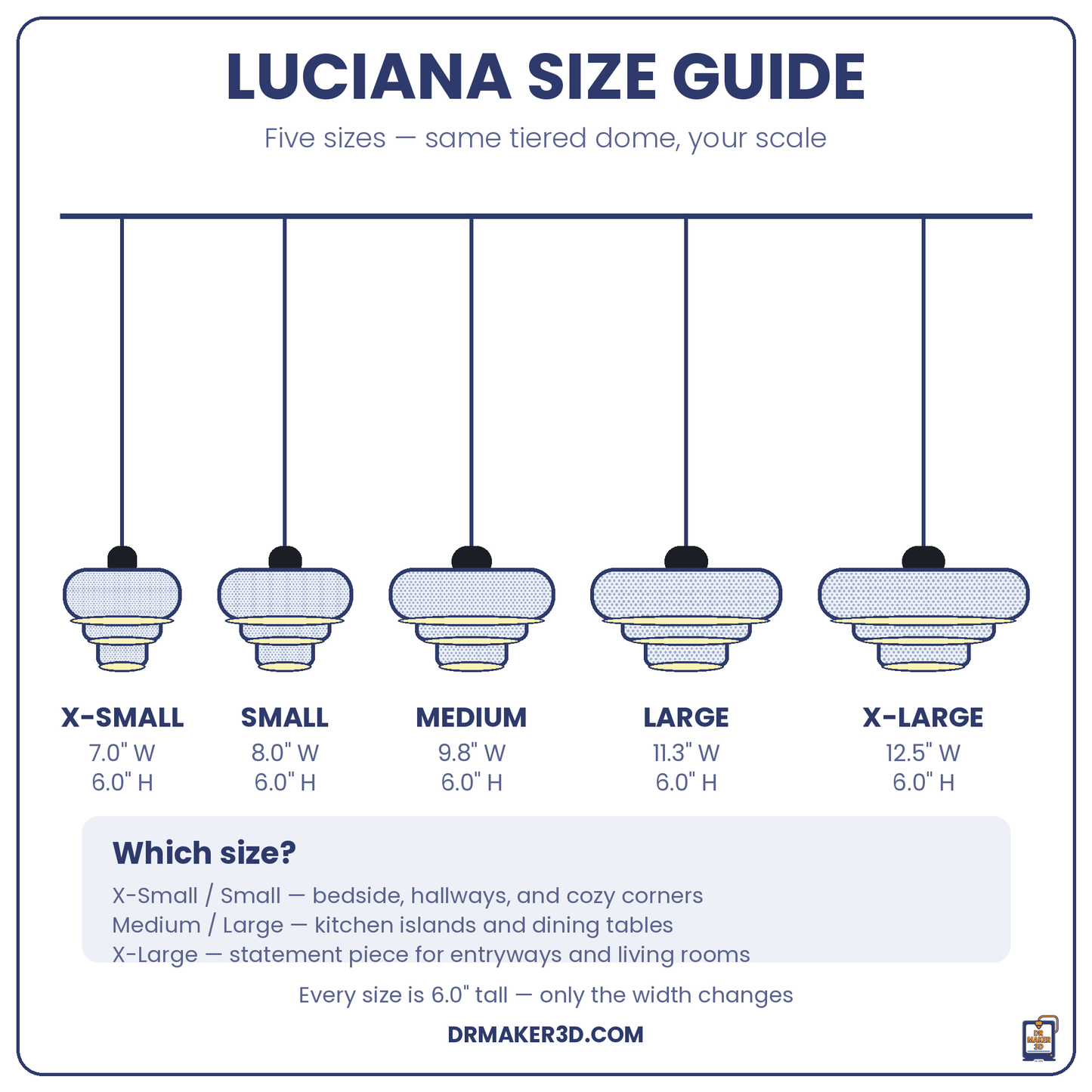 LUCIANA pendant size guide — five widths, all 6 inches tall