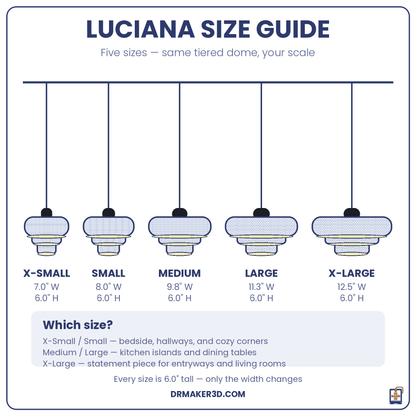 LUCIANA pendant size guide — five widths, all 6 inches tall