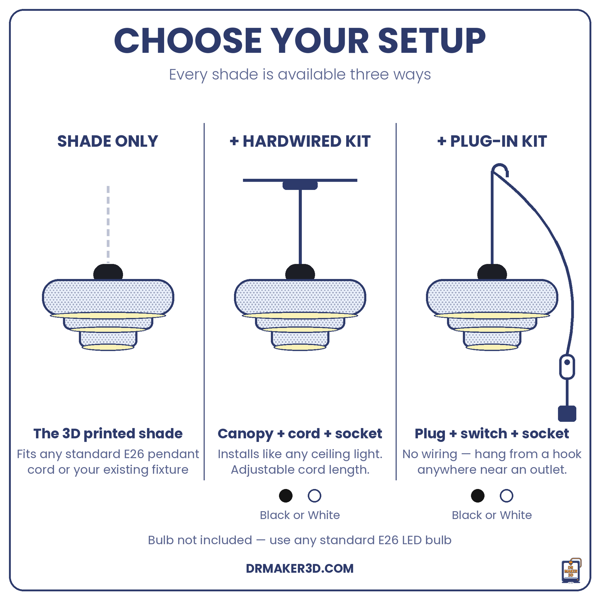 LUCIANA pendant setup options — shade only, hardwired, or plug-in