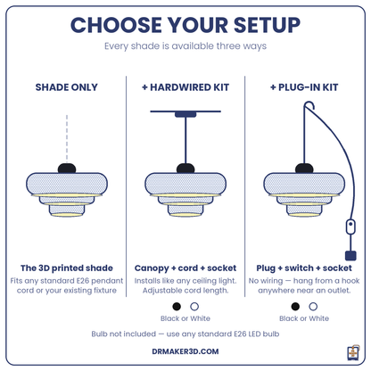 LUCIANA pendant setup options — shade only, hardwired, or plug-in