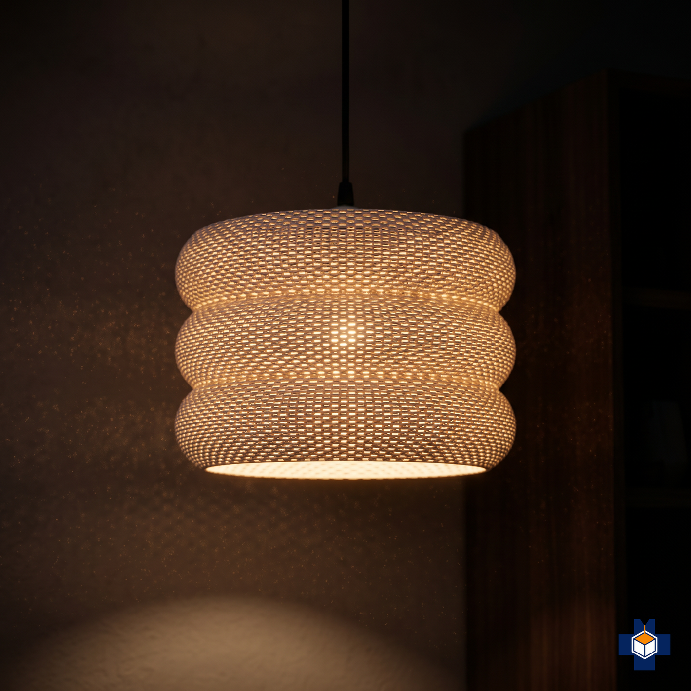MARA ribbed drum pendant glowing softly at night