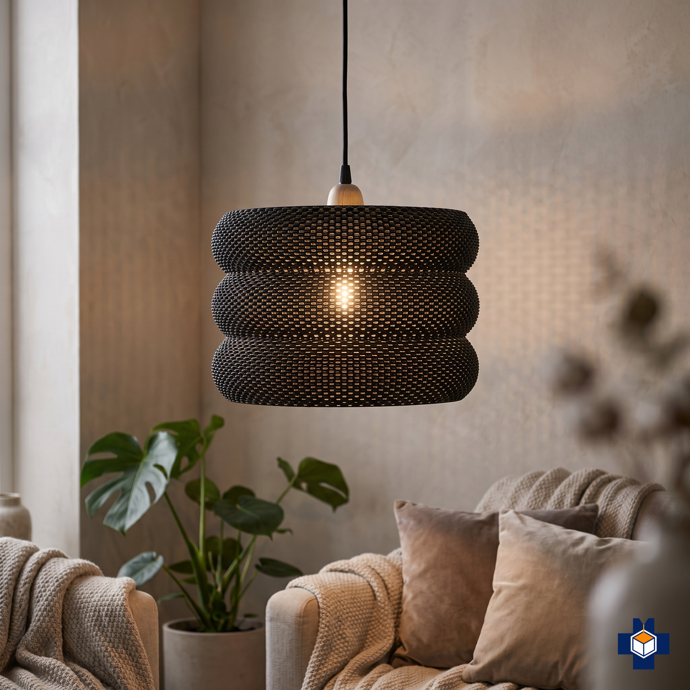 MARA ribbed drum pendant light glowing in a cozy corner