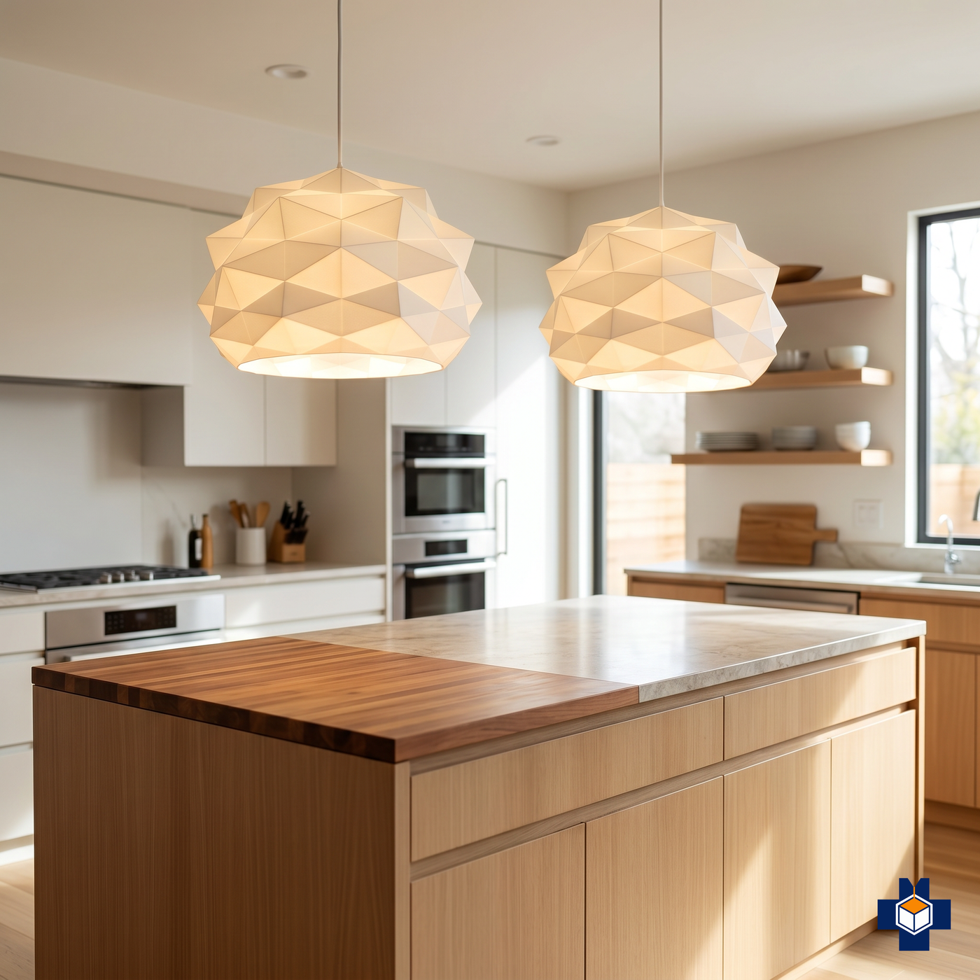 POLY faceted dome pendant lights over a kitchen island