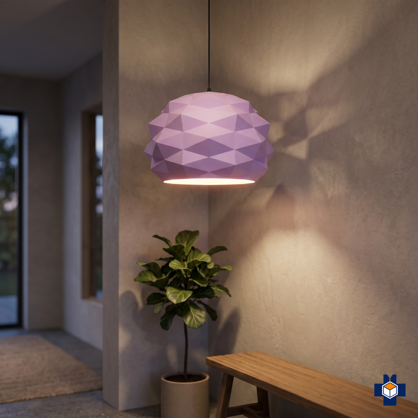 POLY faceted dome pendant light glowing in an entryway