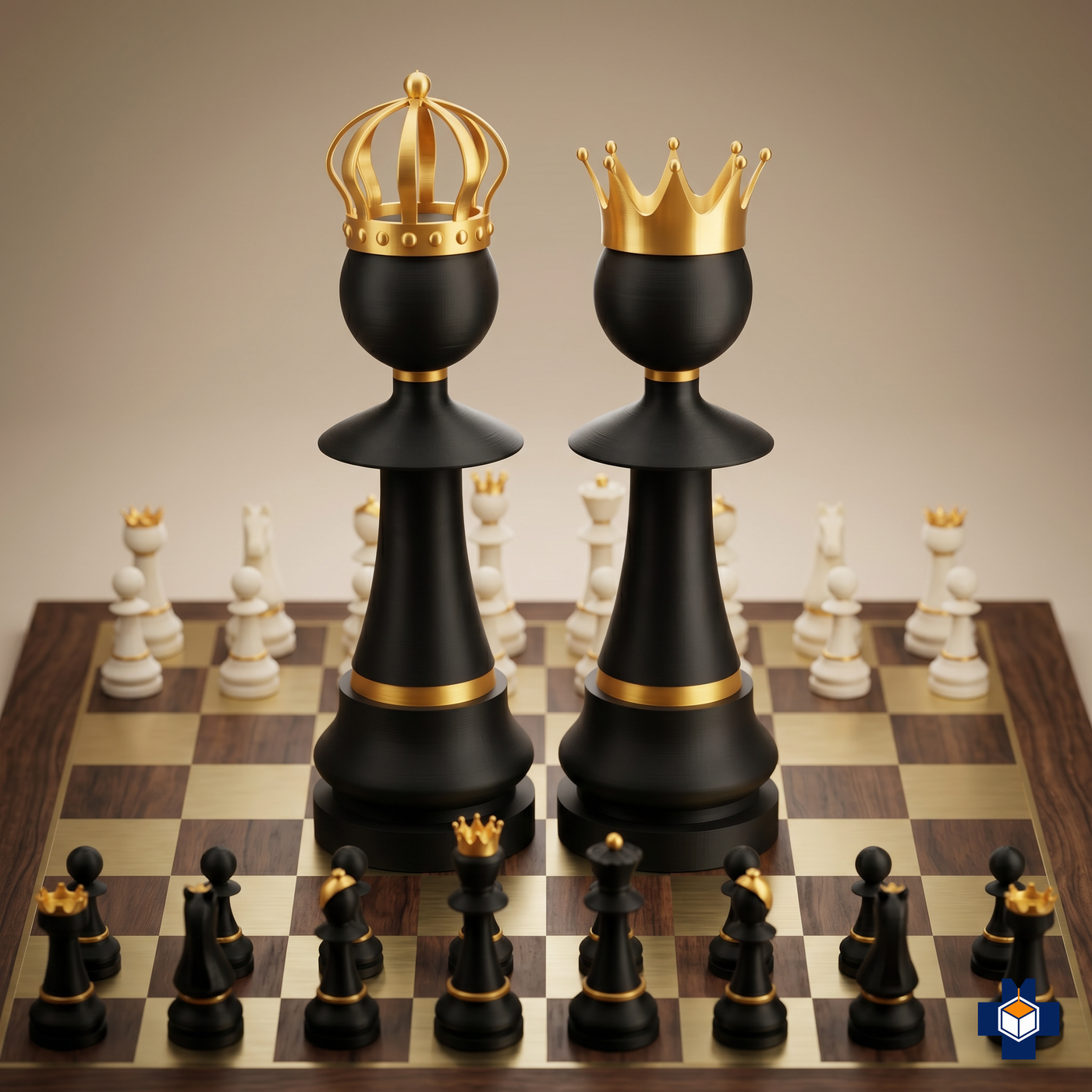 ROYALTY giant chess set, black and gold King and Queen, main view
