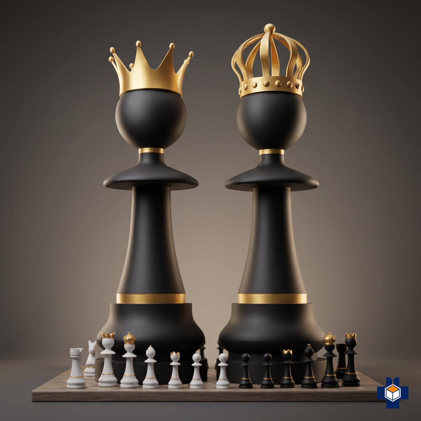 ROYALTY giant King and Queen chess pieces, angled scale view