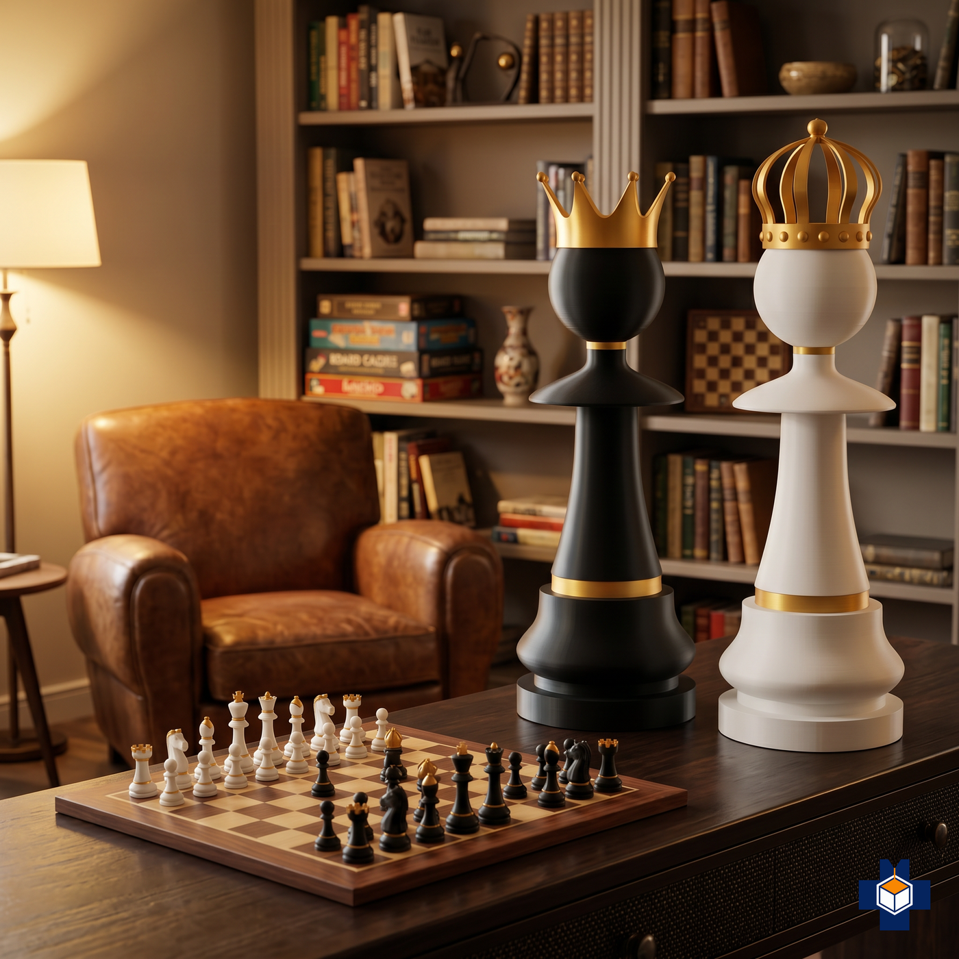 ROYALTY giant chess set displayed in a game room