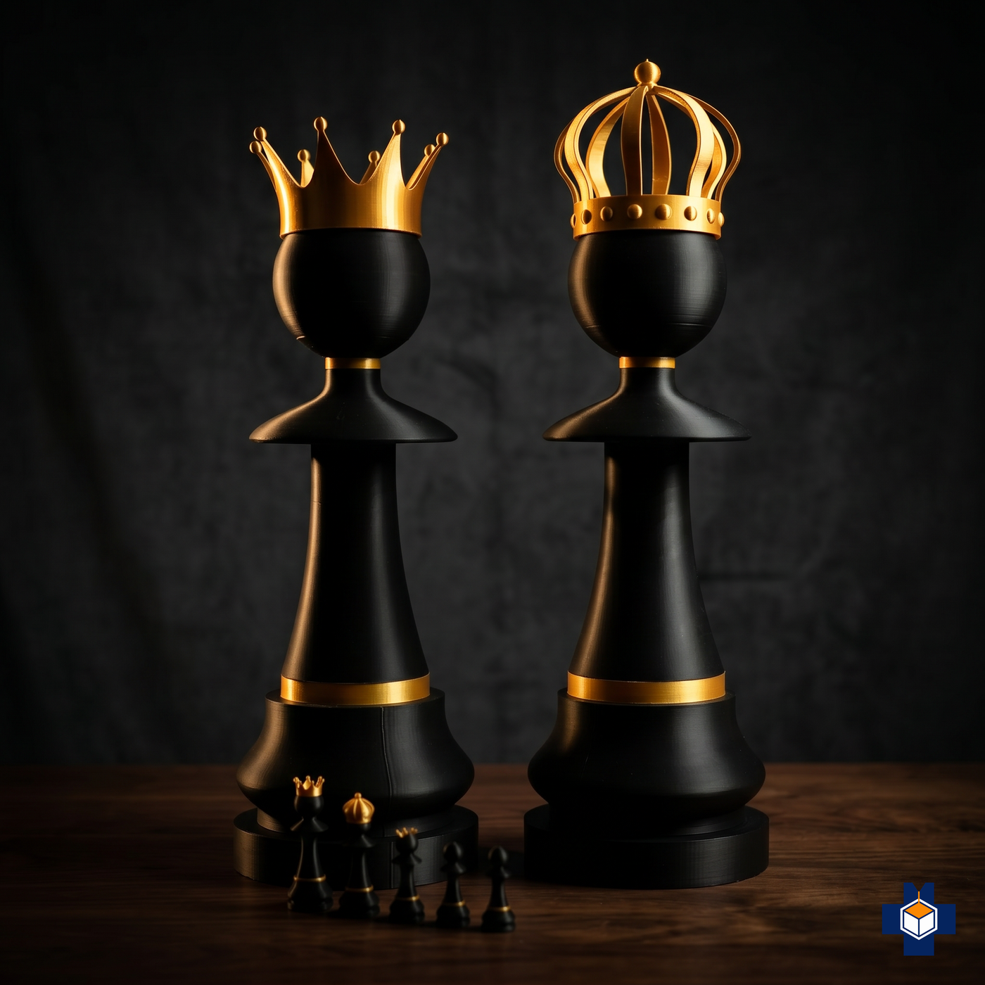 ROYALTY giant King and Queen chess pieces, dramatic lighting