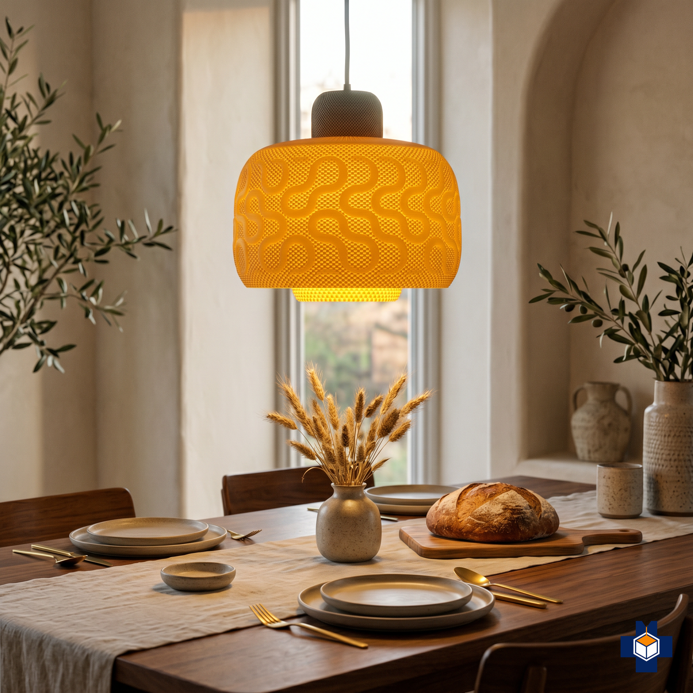 SEAMLESS mesh pendant over a modern boho dining table